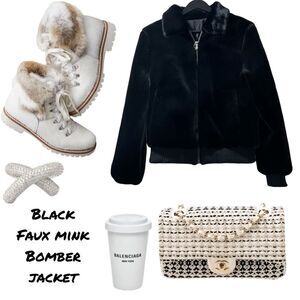 JACKET- Black Faux Mink Bomber Jacket